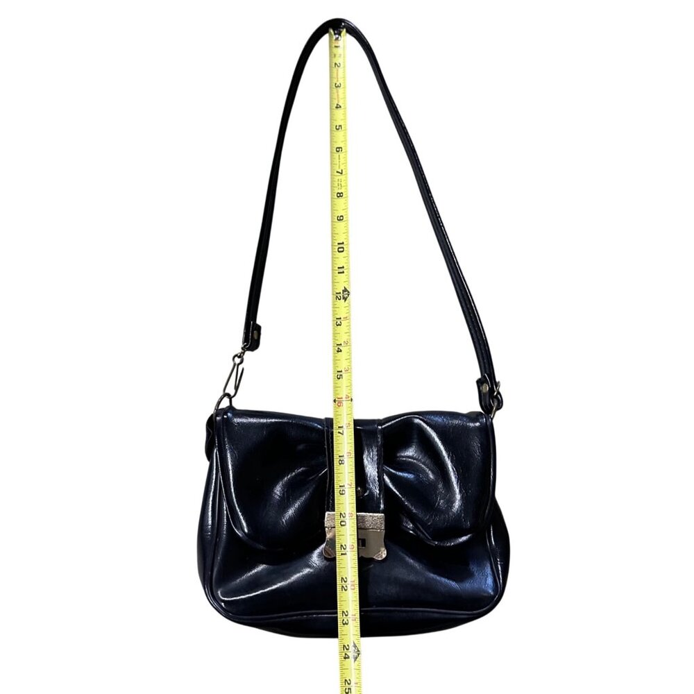 Vintage Purse Black Patent Shoulder Bag Bow Gold Metal Clasp Mid Century Retro - Picture 13 of 15